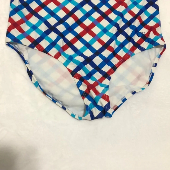 Girls One Piece Swimsuit Blue Red Plaid Crisscross Back Cute Swimwear - Picture 3 of 5